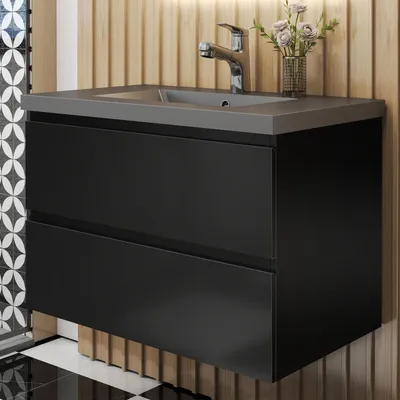 Produktbild von Badmöbel Set HUTI-Serie 80cm Dunkelgrau Waschbecken mit Unterschrank Badezimmermöbel mit 2 Schubladen Hochglanz Schwarz Hängeschrank