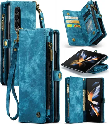 Produktbild von Schutzhülle für Galaxy Z Fold4, Vintage Multifunktions Lederhülle, Kartenfächer, Reißverschluss Hülle für Samsung Galaxy Z Fold 4 5G Blau