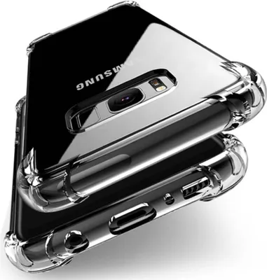 A clear, professional shot of a transparent phone case with reinforced corners, showcasing the Samsung logo on the phone inside.
