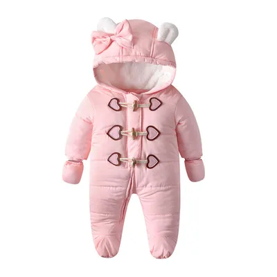 Obrázek produktu pro Dětská kombinéza zimní teplá kombinéza s kapucí Chlapci Dívčí overal Bavlněný dlouhý rukáv s rukavicemi Kombinéza Onesies body (růžová, 80 cm)