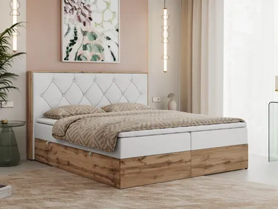 Produktbild von MKS MEBLE Boxspringbett 160x200 mit Bettkasten Eiche, Polsterbett 160x200 mit Matratze H3, Bett 160x200 mit Kopfteil, Bett mit Holzrahmen in Wotan Eiche - Weiß Kunstleder - Veneto