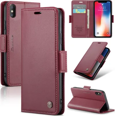 Produktbild von iPhone XS Max Hülle, Leder Brieftasche Kartenfach Schutzhülle mit Standfunktion für iPhone XS Max Rot