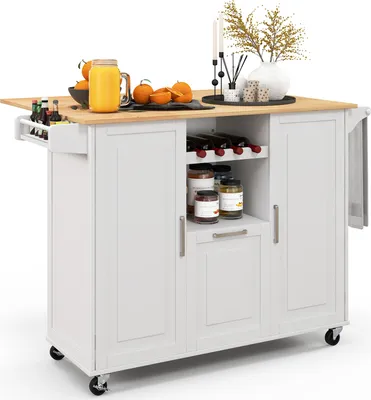A white kitchen cart with a wooden countertop is shown against a white background.