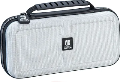 A white Nintendo Switch carrying case with a black handle and zipper.