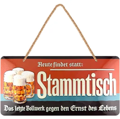 Produktbild von LANOLU Retro Blechschild Stammtisch, lustiges Biergarten Schild mit Jute Kordel, Bier Bar Deko Geschenk für Männer, 16x32 cm