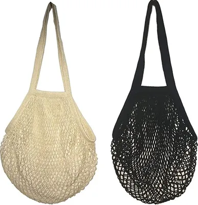 Produktbild von Einkaufsnetz,2er Pack Wiederverwendbare Netzschnur Einkaufstasche Große Netztasche mit Langem Tragegriff Baumwoll Netzbeutel für Obst Gemüse Schwarz und Weiß