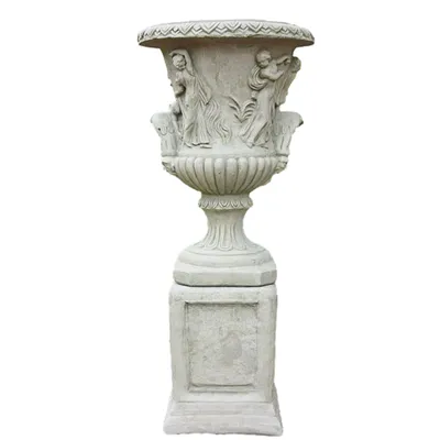 Produktbild von Steinfigur Amphore mit Sockel zum Bepflanzen für den Garten, aus Steinguss Neu Frostfest Witterungsbeständig, Blumenschale SU-2179