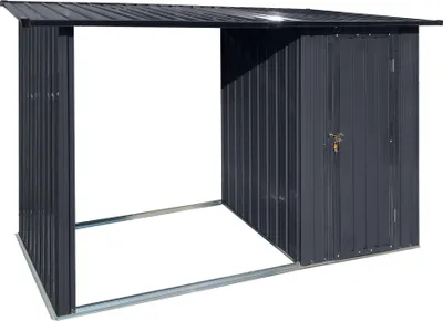 Produktbild von Albatros Profi Gerätehaus M –Geräteschuppen mit Holzunterstand für 2,3m³ Holz, verzinktes Metall in Anthrazit (RAL 7016) | 266x127x161cm | wetterfest
