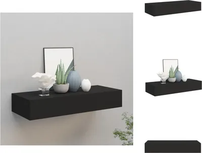 A black floating shelf mounted on a light gray wall, decorated with a picture frame, a plant, and two vases.