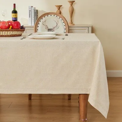 Obrázok produktu pre Azomor® Elegantný béžový ľanový obrus s ručne vyrezávaným vzorom pre veľké stoly, 155 x 400 cm
