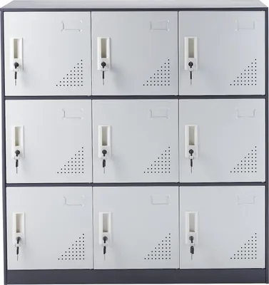 Immagine prodotto di SucceBuy Armadietto metallico per dipendenti, armadietto grigio a 9 ante con slot per schede. Robusto acciaio, capacità di 66 libbre. Per ufficio, casa, scuola, palestra.
