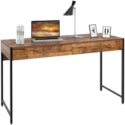 Image de Bureau COSTWAY avec 2 tiroirs, bureau d'ordinateur, bureau pour ordinateur, style industriel, dimensions : 112 x 48 x 76 cm