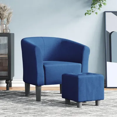 Immagine prodotto di Poltrona blu in tessuto, ideale per il soggiorno o l'ufficio, con rivestimento resistente, struttura robusta in legno di pino, braccioli confortevoli e poggiapiedi abbinato