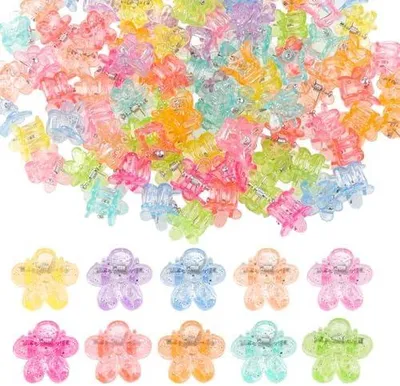 Produktbild von 100 Stück kleine Blumen-Haarklammern aus Kunststoff, 1.3x1.5 cm große Mini-Haarspangen mit bunten, niedlichen Mehrfarben-Blumen für Babys, Damen und Mädchen