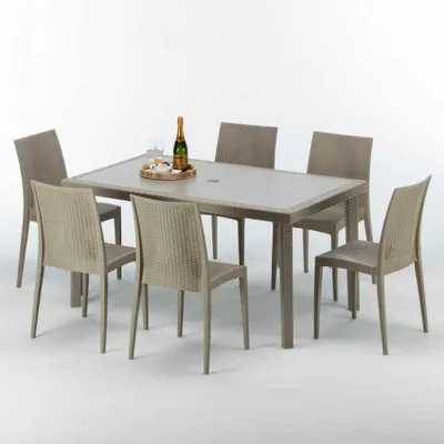 Immagine prodotto di Tavolo rettangolare in polyrattan con 6 sedie colorate 150x90 Beige Marion