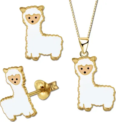 Produktbild von Kinder Schmuckset echt 925 Sterling Silber Gold Ohrringe Ohrstecker Halskette mit Anhänger Mädchen Kette Alpaka Lama K723+K680+42cm