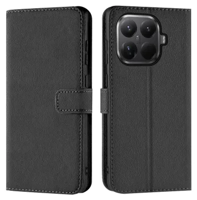 A black leather book-style phone case is shown from the front and back.