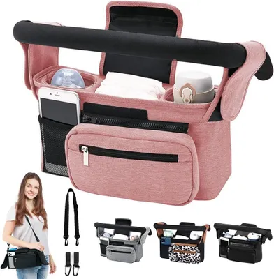Produktbild von Babywagen-Tasche, Kinderwagen-Organizer mit abnehmbarer Handytasche und Schultergurt, 2 isolierten Getränkehaltern, rutschfestem und sicherem Haken
