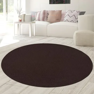Produktbild von Moderner Hochflor Teppich Weich Pflegeleicht Strapazierfähig Wohnzimmer Schlafzimmer in Braun Größe - 160 cm Rund
