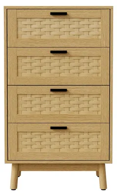 Produktbild von Holz Kommode - Retro Rattan Sideboard mit 4 Schubladen - Massivholzgestell - 115-140 x 40 x 80 cm - Beige