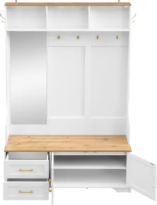 Produktbild von Merax Garderobenschrank 120x40x187 cm mit LED-Beleuchtung, Spiegel und Sitzbank, Flurgarderobe mit Haken, Schubladen & Stauraum, MDF Holz + Weiß