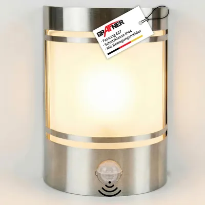 Produktbild von Grafner Design Edelstahl Wandlampe mit Bewegungsmelder und 1x E27 Fassung, IP44 Wand Außenleuchte, 180° Lichtschein, für außen und innen, Wandleuchte Lampen Außen Hoflampe PIR rund halbrund