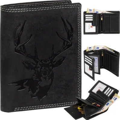 Produktbild von RFID Büffel Echt Leder Geldbörse Portemonnaie Herren mit geprägtem Motiv  Schwarz Hochformat Hirschkopf