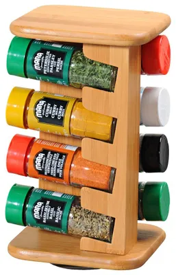 Productafbeelding van Roterend Kruidenrek met 8 Gevulde glazen kruiden potjes - Kruidenpotjes Kruidenorganizer - Bamboe Hout - Afm. 15 x 13 x 25.5 Cm.