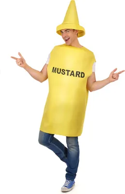 A man is wearing a yellow mustard bottle costume and posing.