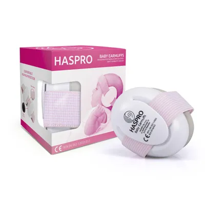A product shot of baby earmuffs and their packaging against a white background.