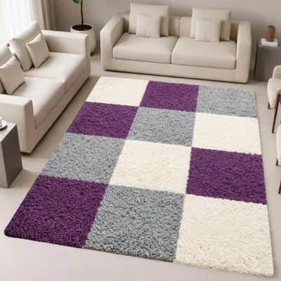 Produktbild von Weicher Shaggy Teppich Mehrfarbig Lila Grau Creme – moderner Hochflor Teppich flauschig pflegeleicht Größe - 200 x 290 cm