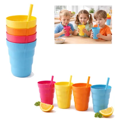 Productafbeelding van Drinkbekers met Rietje – Set van 4 – 430 ml – BPA-vrij – Stapelbare Kinderbekers – Herbruikbare Bekers voor Limonade, Sap en Melk