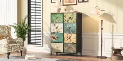 Immagine prodotto di Cassettiera con 8 cassetti, piano in legno, cassetti in tessuto, struttura in metallo, per il soggiorno, 100 x 67,5 x 30 cm