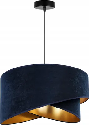 A dark navy blue pendant lamp with a gold interior, suspended from a black cord and ceiling mount.