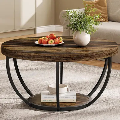 Immagine prodotto di Tavolino rotondo, stile industriale, con due ripiani, ideale come tavolino da caffè, realizzato in legno e metallo