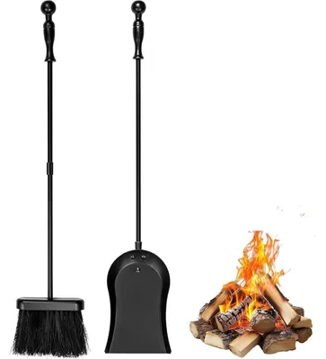 Image de Kit d'accessoires pour cheminée, comprenant une pelle à cendres et une brosse, 2 pièces, longueur 81 cm, en acier