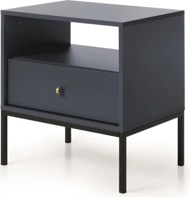 Produktbild von Vintage-Stil Nachttisch mit Schublade Vintage Nachtschrank für Wohnzimmer B 53 x H 56 x T 39 cm Nachtkommode mit goldenen Griffen, Farbe: Dunkelblau, Beinfarbe: Schwarz