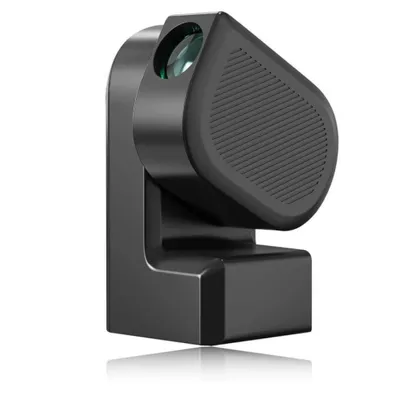 A studio product shot of a black telescope on a white background.