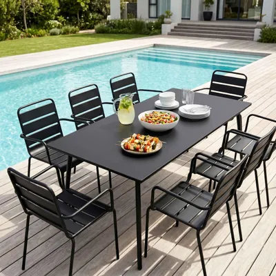 Produktbild von Gartentisch und 8 Metallsessel schwarz - Oviala Palavas