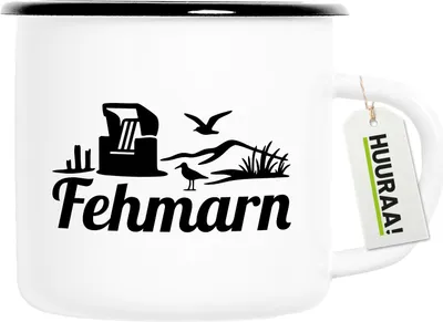 Produktbild von Huuraa Emaille Tasse Fehmarn Strandmotiv 300ml Vintage Campingbecher Geschenkidee