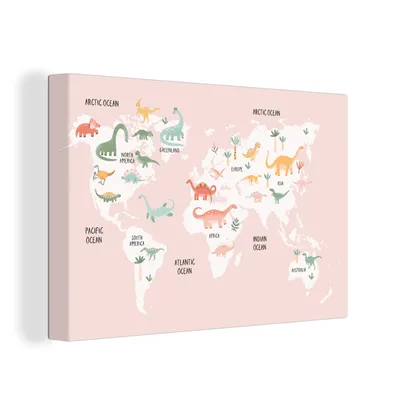 Produktbild von OneMillionCanvasses® - Leinwandbilder - 140x90 cm, Weltkarte - Kinder - Dinosaurier, Wandbilder Kunstdruck Wanddekoration