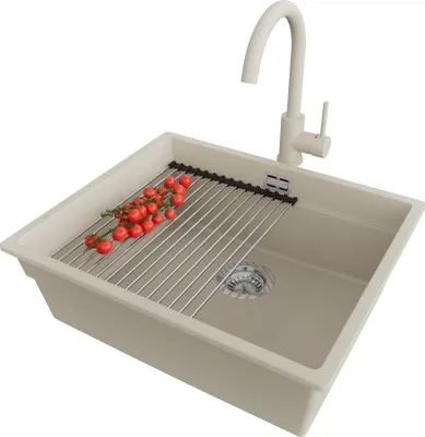 Produktbild von PRIMAGRAN Granitspüle Beige 56x47cm, Spülbecken 1 Becken + Küchenarmatur 32x20cm + Ablauf-Set + Küchenzubehörset, Küchenspüle ab 60er Unterschrank - Praga Slim
