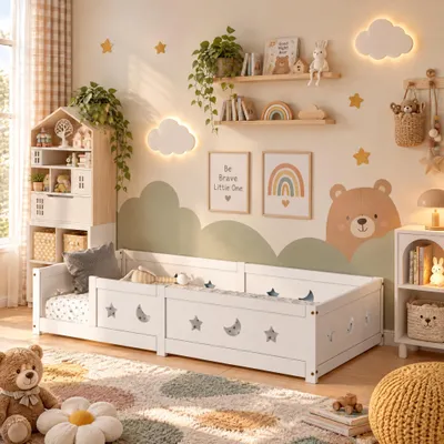 Zdjęcie produktu dla Łóżko dziecięce INONEFT, 90x200 cm, z barierą ochronną i listwami, łóżko Montessori dla chłopców i dziewczynek, wykonane z drewna sosnowego, białe