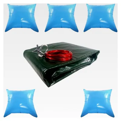 Produktbild von Poolabdeckplane mit Poolkissen Set | Abdeckplane Grün/Schwarz für Rundpool 3,6 m + 5 Poolkissen 120 x 120 cm | Unterstützung für eine optimale Poolabdeckung im Herbst/Winter