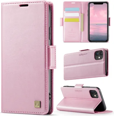 Produktbild von Lederhülle für iPhone 11, RFID Schutz Handyhülle mit Magnetverschluss, Kartenfächern und Ständer Pink