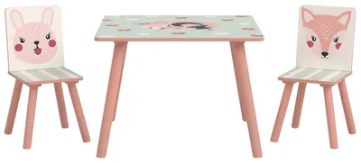 Image de Ensemble table et chaises pour enfants, table pour enfant avec 2 chaises, motif animaux pour chambre š€ coucher rose