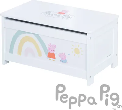 Produktbild von roba Spielzeugtruhe Peppa Pig für Kinder aus Holz - Aufklappbare Sitzfläche mit Dämpfungsbeschlag - Truhenbank weiß / Aufdruck rosa