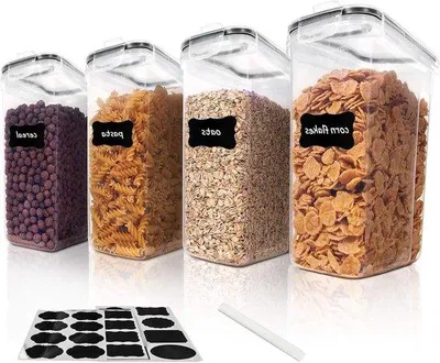 Obrázok produktu pre Prémiová sada 4 veľkých nádob na obilniny do kuchynskej úložnej skrinky – bez obsahu BPA – vzduchotesné – vrátane 24 štítkov – čierne – objem 4 litre