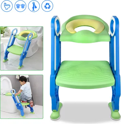 Produktbild von LZQ Kinder Toilettentrainer Toilettensitz mit Treppe Faltbar Töpfchentrainer Höhenverstellbar mit PolyurethanGepolstert Kissen und Griffen Töpfchen, Blau + Grün