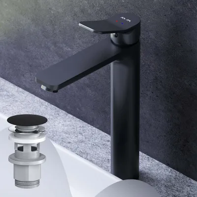 A black faucet and a pop-up drain assembly are shown in a bathroom setting.